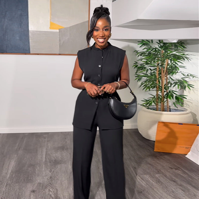 Fashion cross-border women's clothing  summer new arrival stand collar buttoned sleeveless waist tie tops wide leg pants suit