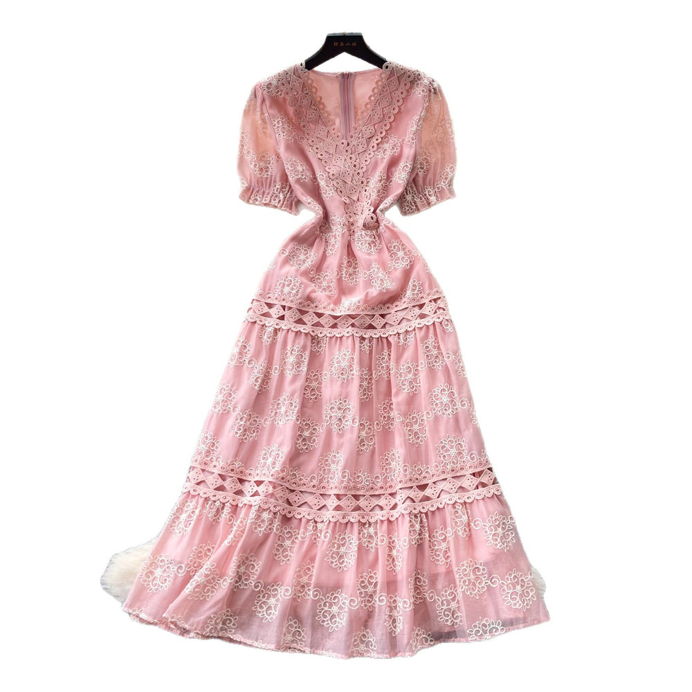 French romantic pink v-neck lace dress - women's summer korean style short sleeve slimming a-line cake dress