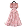 French romantic pink v-neck lace dress - women's summer korean style short sleeve slimming a-line cake dress