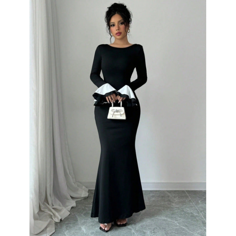 cross-border solid color color block crew neck long sleeve slim fit long elegant dress