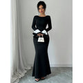 cross-border solid color color block crew neck long sleeve slim fit long elegant dress