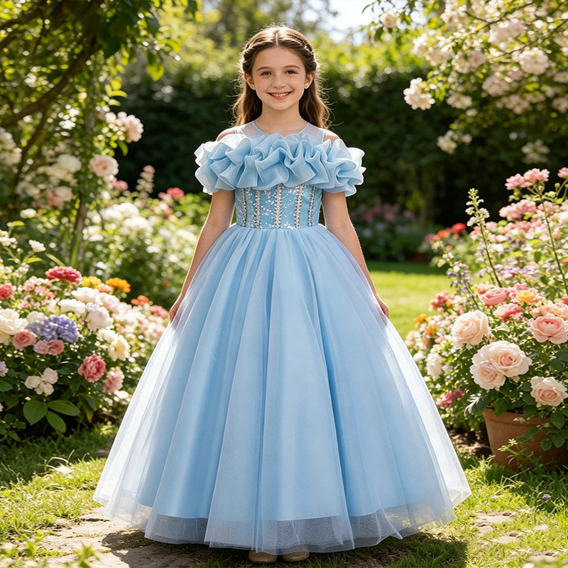 fashion style girl dress long flower girl dress wedding dress catwalk piano performance girl birthday princess dress