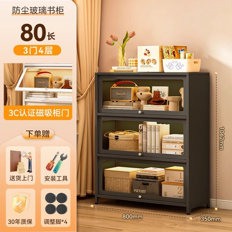 Steel bookcase with glass doors, kids' bookshelf, home living room storage cabinet, dustproof display cabinet, iron art shelf