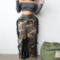 e-commerce source factory: european and american style, fashionable and unique camouflage washed tassel high-slit midi skirt