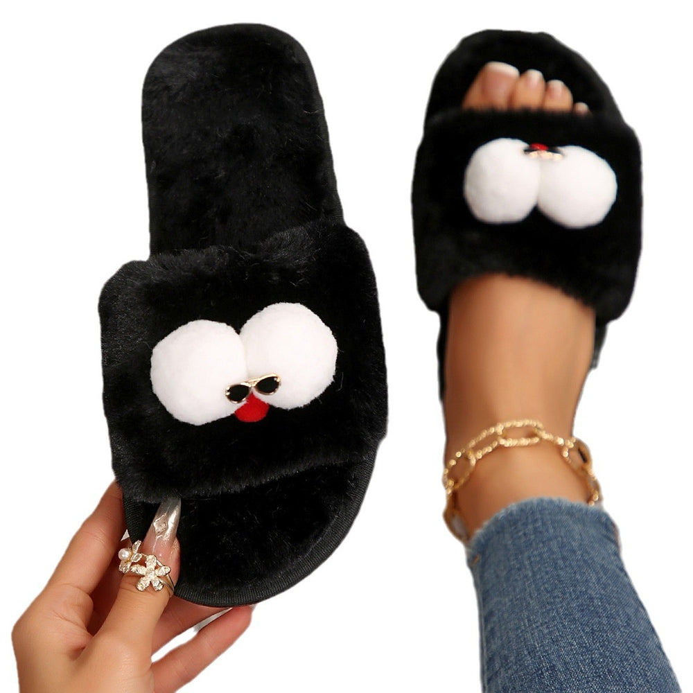 Cartoon cotton slippers for women, autumn and winter outerwear, 2024 new style, flat bottom glasses, large size fleece-linedheattech fur slippers for women