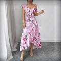 Women's new summer romantic retro beach vacation asymmetrical pink maxi dress with ruffle hem and off-shoulder neckline