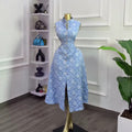 European and american cross-border women's fashion:  summer new arrival - elegant blue floral slim-fit sleeveless slit dress