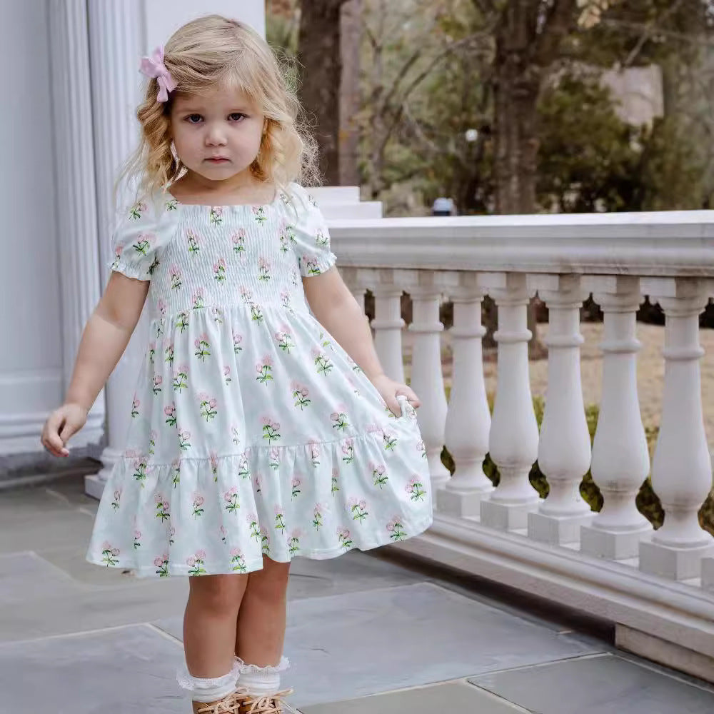 Kids' short-sleeve printed smocked dress - fresh & sweet country style