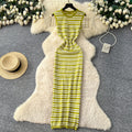Korean style striped v-neck sleeveless knit dress - women's  summer new arrival - slim fit, waist-defining, slimming, commute-ready maxi dress