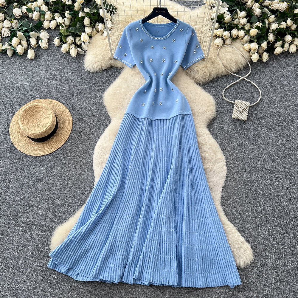 French style beaded short-sleeve dress - women's summer gentle high-waisted a-line dress - slimming and figure-flattering for work and casual wear