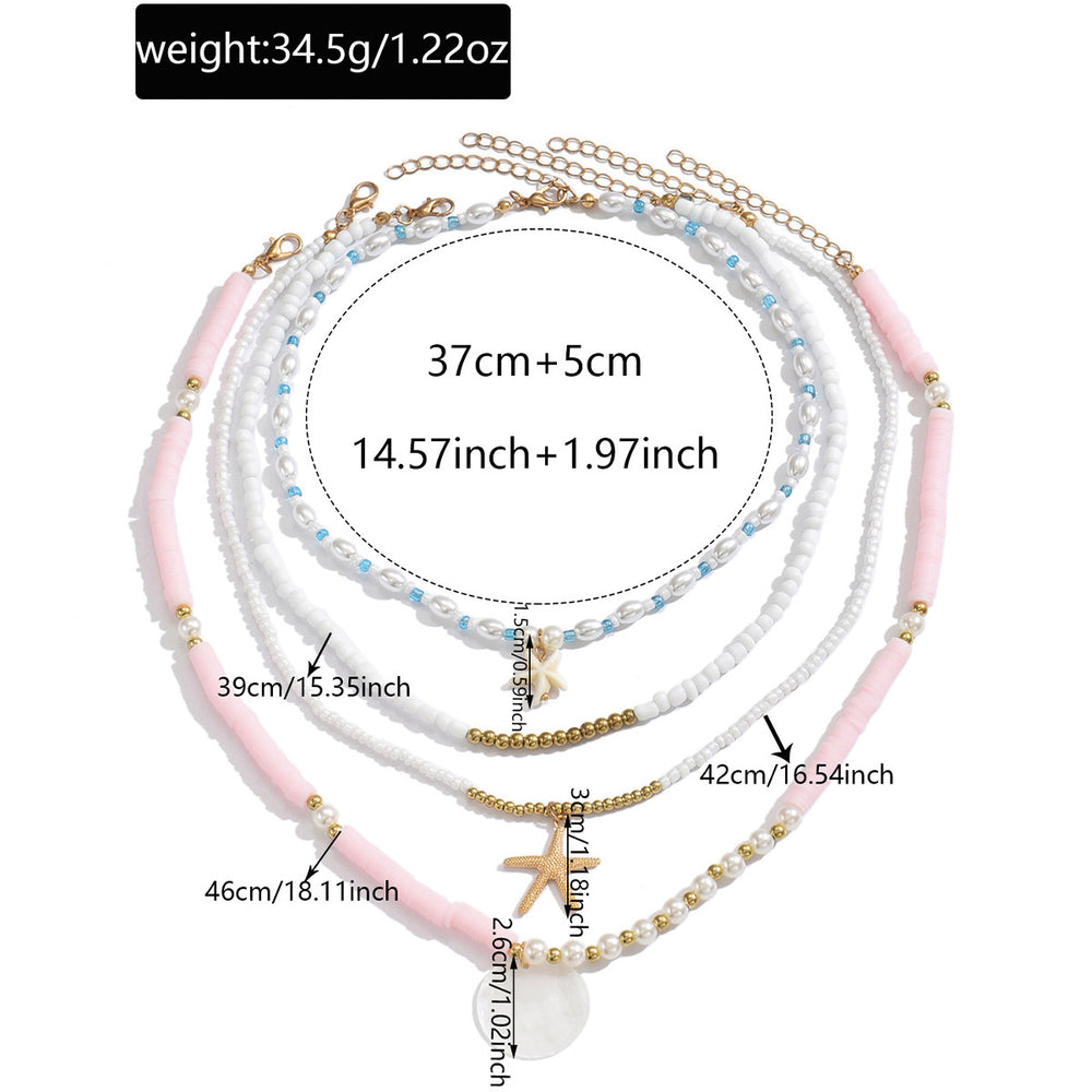 European and american summer bohemian pink polymer clay pearl beaded necklace set - ocean element starfish layered necklaces