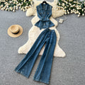 Hong kong style spicy girl sleeveless denim two-piece set - women's summer slimming tank top & high-waisted pants casual chic outfit