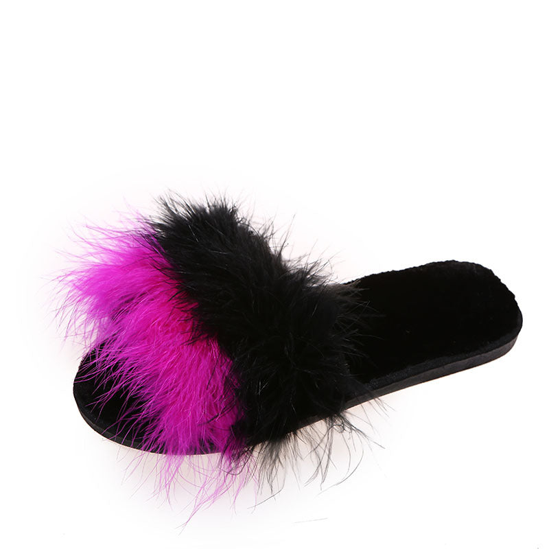 real feather turkey feather slippers one-piece slippers for women winter heattech flat heel ostrich feather slippers for women internet celebrity color matching slippers