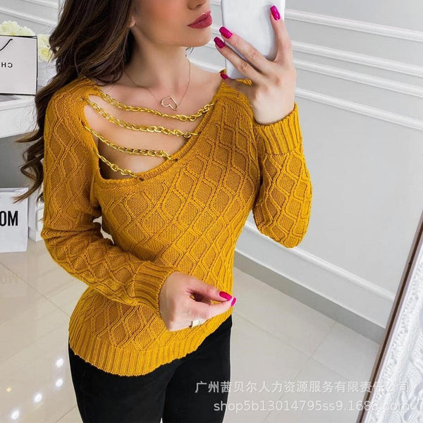 LZR11712 Spot Foreign Trade-2021 European and American Spring and Autumn New Dark Yellow Off-Shoulder Strap Design Long Sleeve Sweater