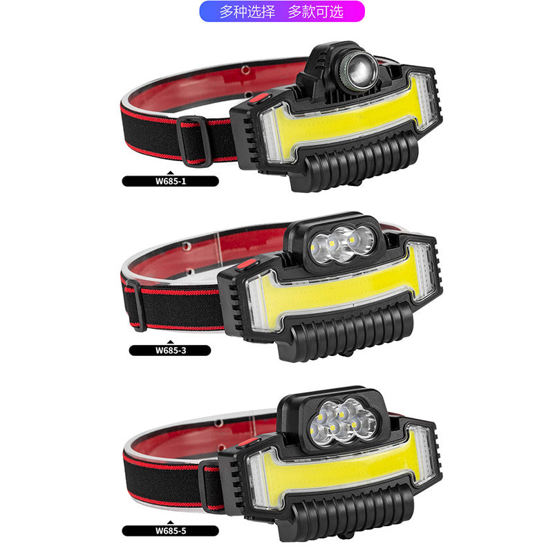 Cross-border new COB strong light headlight Type-C charging outdoor warning red and blue flash zoom LED headlight