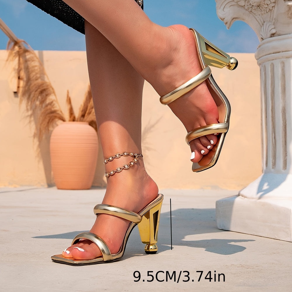 Women's high-heeled sandals - gold platform heel slip-ons - fashionable square toe minimalist open-back heels