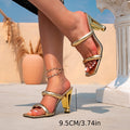 Women's high-heeled sandals - gold platform heel slip-ons - fashionable square toe minimalist open-back heels