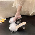 Fairy style furry slippers for women summer outwear 2025 new arrival popular thick heel flip-flops crystal high heel sandals