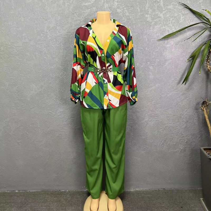 sourcing: african casual fashion two-piece set - printed long-sleeve shirt and pants outfit with belt