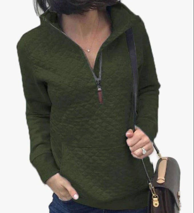 cross-border spring/autumn european and american zip-up pullover quilted sweatshirt knitted long sleeve mock neck pullover with pockets pol