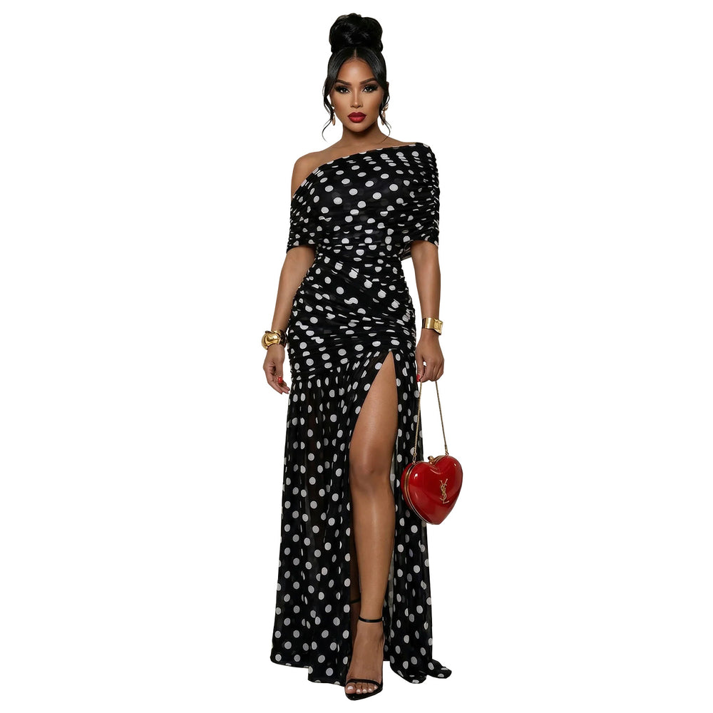 C7743 cross-border   fashion women's polka dot slit party vacation bodycon dress
