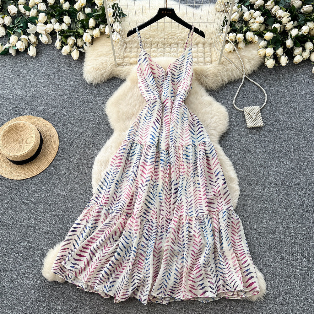 Vacation style v neckhalter suspender dress women's summerk-style sleeveless sexy waist slimming lookprinting long skirt
