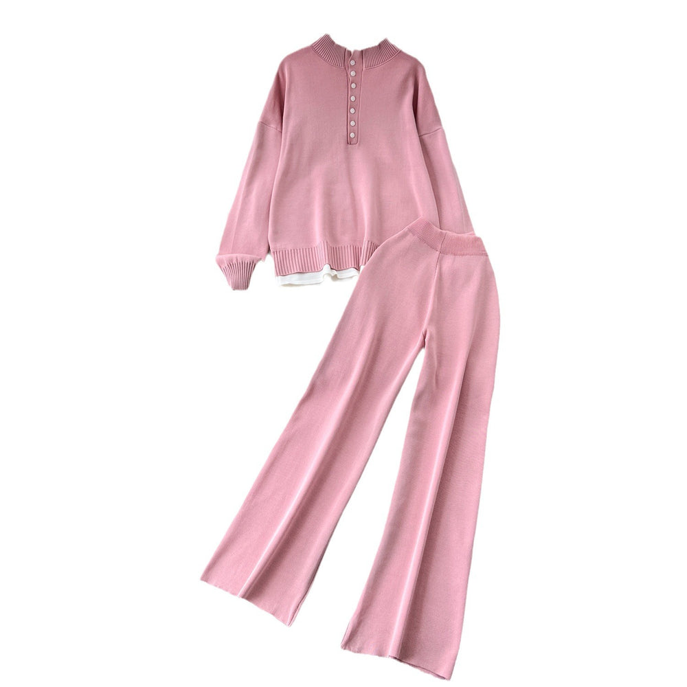 Gentle style two-piece set women's easiest for match stand collar single breasted cardigan pullover knitting shirt sweatercasualloose pants pants