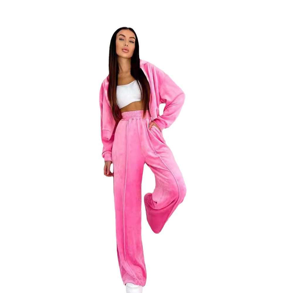 European and American new  suit fashion long-sleeved short hooded sweater cardigan trousers suit casual women's clothing