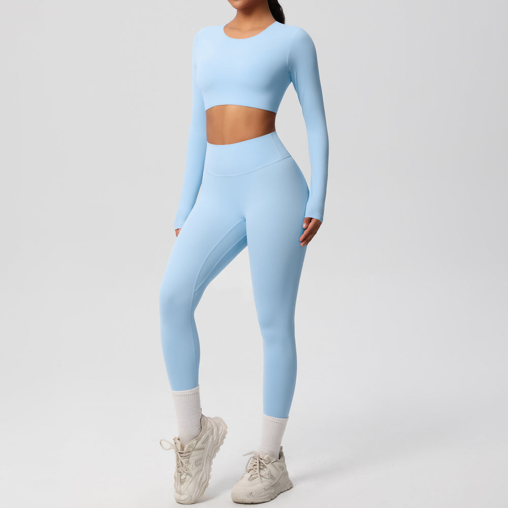 Ready-to-ship, solid-color, double-sided nylon brushed fabric, barely-there feel, form-fitting activewear yoga set for running and fitness, two-piece