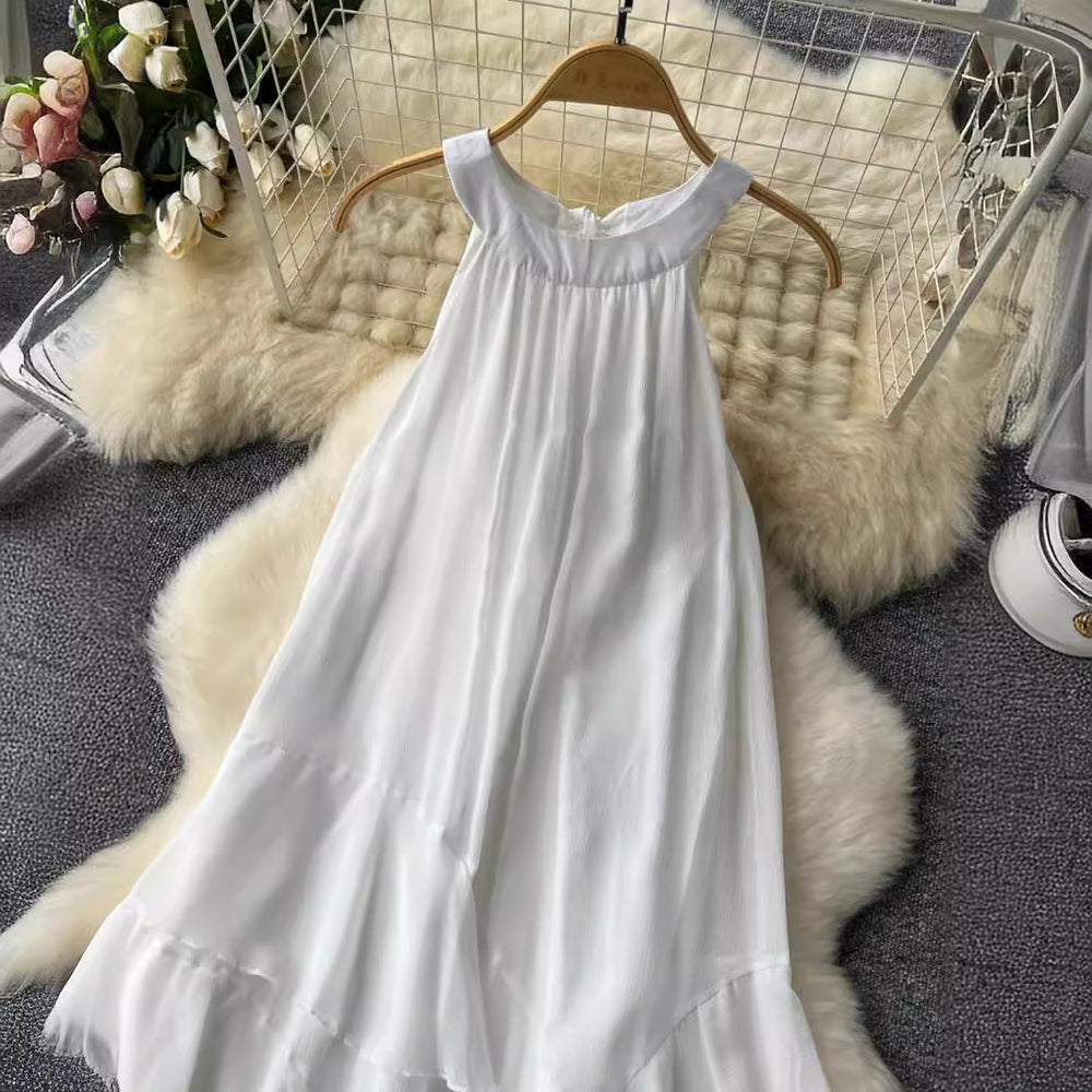 Beach vacation dress - women's alluring & ethereal halter neck ruffle chiffon fairy dress - french style sleeveless maxi dress