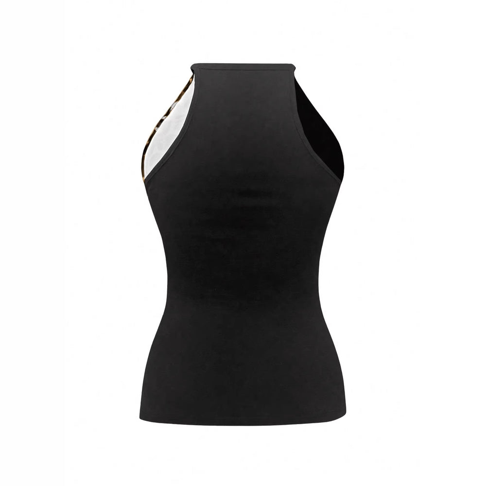 fashion leopard print patchwork halter top for women - sexy cutout irregular hem slim-fit top