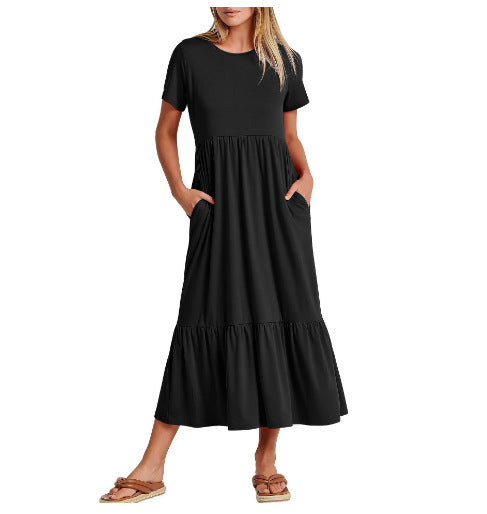 Spot 2024 new women's clothing   explosion temperament round neck pleated solid color pendulum dress