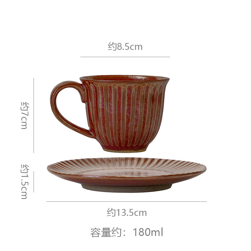 Vintage ceramic striped coffee cup and saucer set - stylish stoneware mug for office afternoon tea, water, or milk