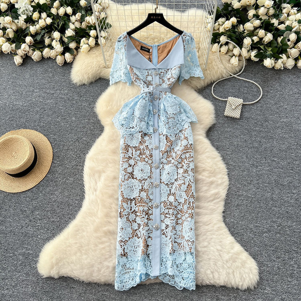 Classy sense of fragrance dress for women frenchelegance diamond-breasted silm lapel short-sleeved cut outlacedress