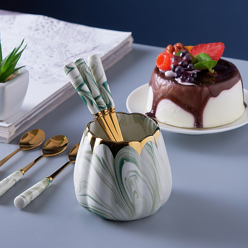 Nordic stainless steel fruit fork spoon ceramic storage jar set marble fruit fork household cutlery spoon dropshipping