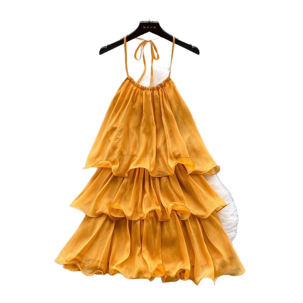 Yellow dress women's  summer french style halter neck ruffle trim tiered vacation mini dress