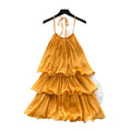 Yellow dress women's  summer french style halter neck ruffle trim tiered vacation mini dress