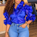 Autumn new european and american design shirt collar top - multi-layered ruffle trim, cinched waist, versatile commute shirt