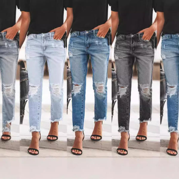 Europe and the United States Foreign Trade Fried Salt Cat Whisker Ripped Jeans Women
