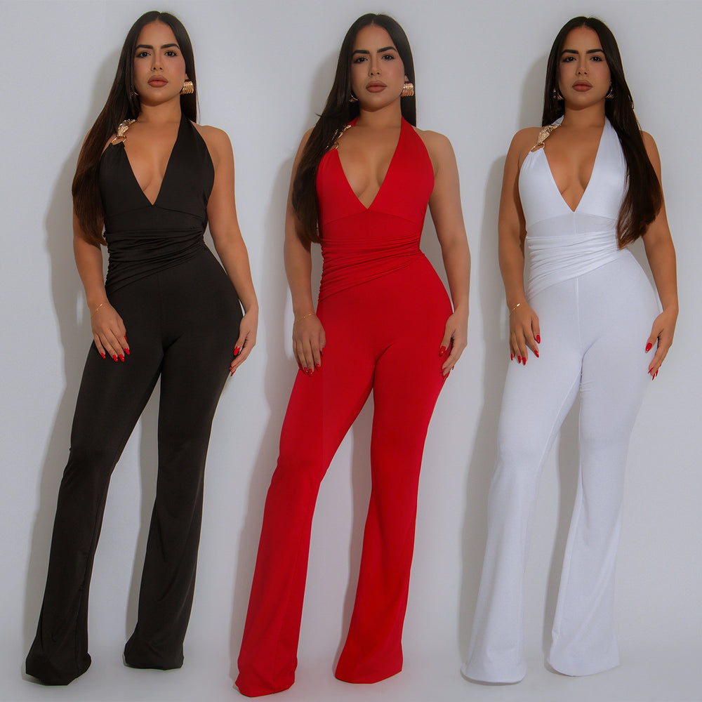 C7329 cross-border   fashion women's strappy sexy deep v halter neck solid color jumpsuit new
