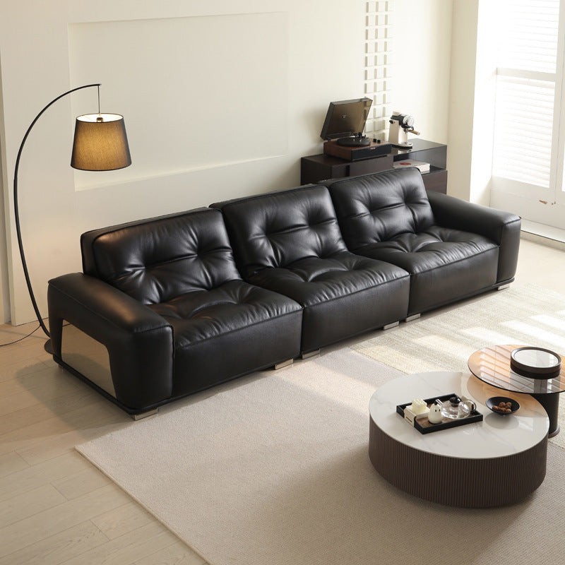 Italian normcore genuine leather sofa large apartment living room large black cow sofa 2025 new arrivalretro black diamond sofa