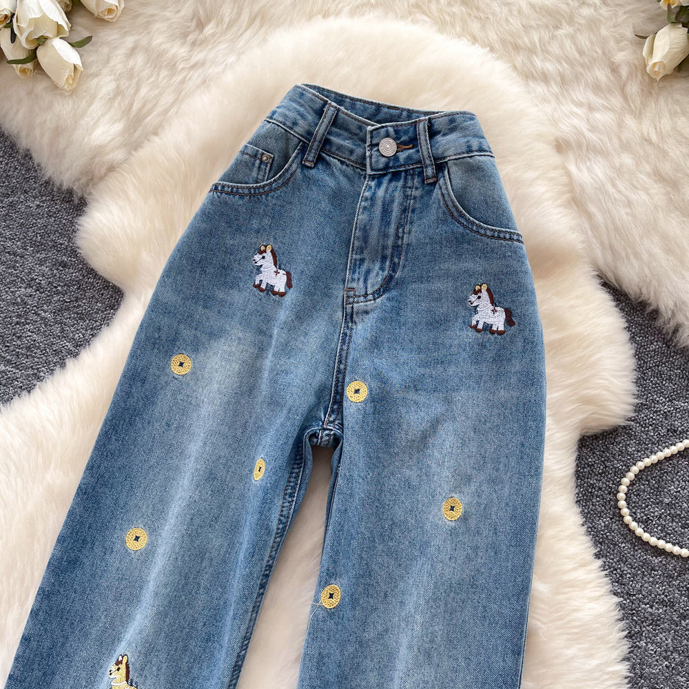 American cartoon little spike embroiderhigh waistloose pantsjeans women's summerloosestraight-legpetites blue pants