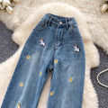 American cartoon little spike embroiderhigh waistloose pantsjeans women's summerloosestraight-legpetites blue pants