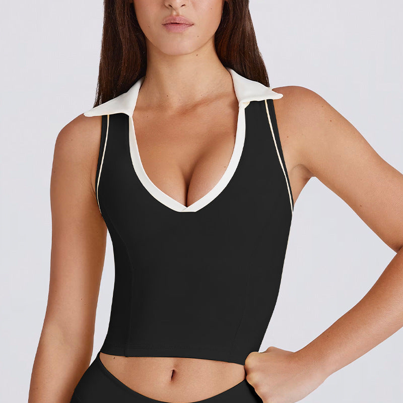 Sleeveless running pilates workout v-neck top vest with padded bra, color block turn-down collar yoga set