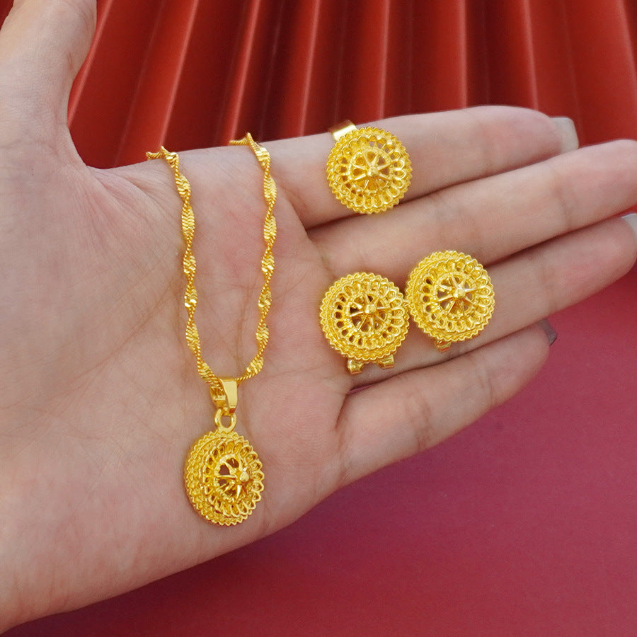 Wholesale cross-border middle eastern polished ball design gold-plated necklace, pendant, earrings, and ring three-piece jewelry set