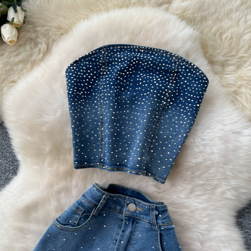 European and american cross-border fashion rhinestone denim set for women - summer sleeveless bandeau top + high-waisted flare denim pants