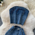 European and american cross-border fashion rhinestone denim set for women - summer sleeveless bandeau top + high-waisted flare denim pants
