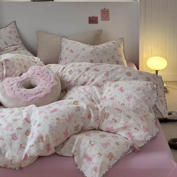 Class A ins girl's heart bunny cotton double-layer yarn pure cotton four-piece set, bed sheet quilt cover, bedding quilt cover three-piece set