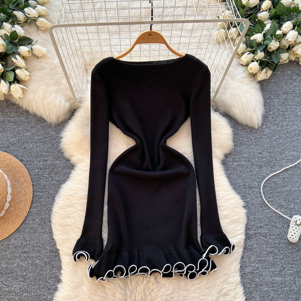 Export cross-border fall and wintercasual inner wear with contrasting color fungus edge ruffleslong sleevesilmknittingdress women's short skirt