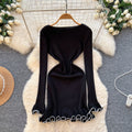 Export cross-border fall and wintercasual inner wear with contrasting color fungus edge ruffleslong sleevesilmknittingdress women's short skirt
